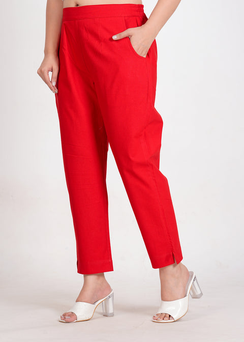 Women's Red Cotton Trouser Pant