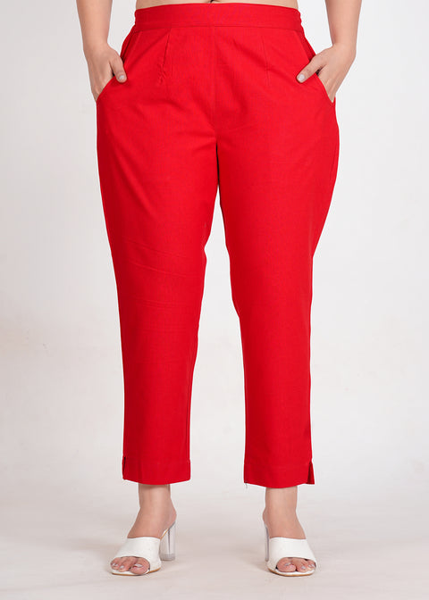 Women's Red Cotton Trouser Pant