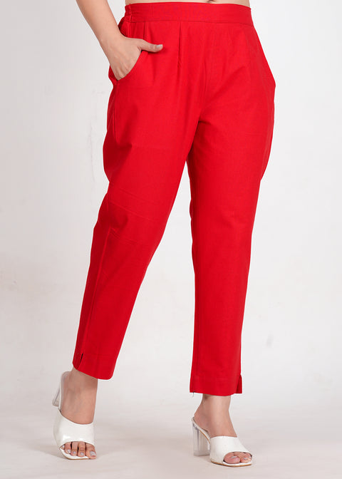 Women's Red Cotton Trouser Pant