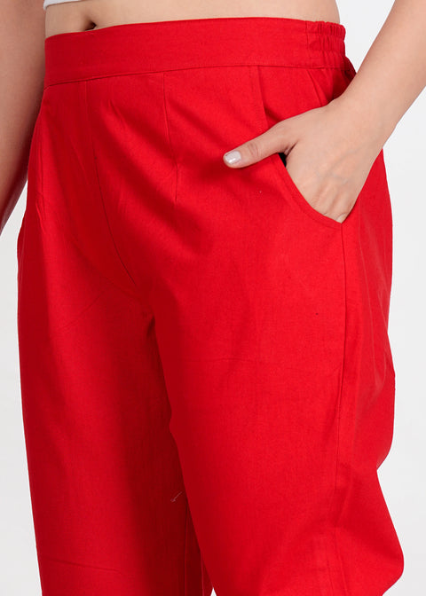 Women's Red Cotton Trouser Pant