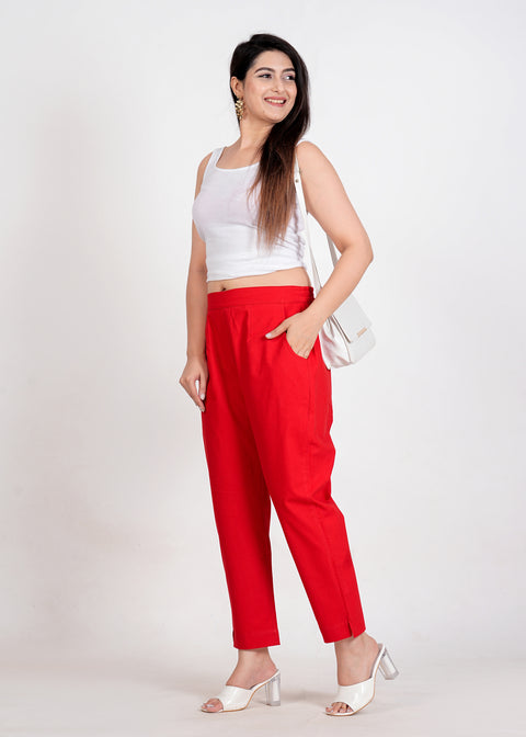 Women's Red Cotton Trouser Pant