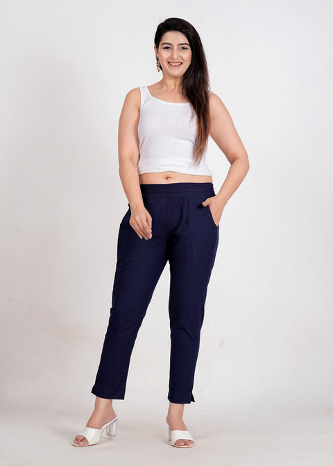 Women's Navy Blue Cotton Trouser Pant