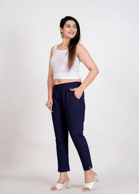 Women's Navy Blue Cotton Trouser Pant