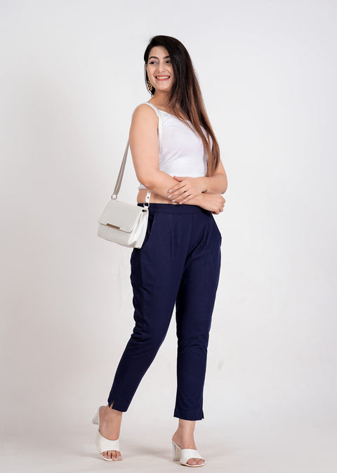 Women's Navy Blue Cotton Trouser Pant