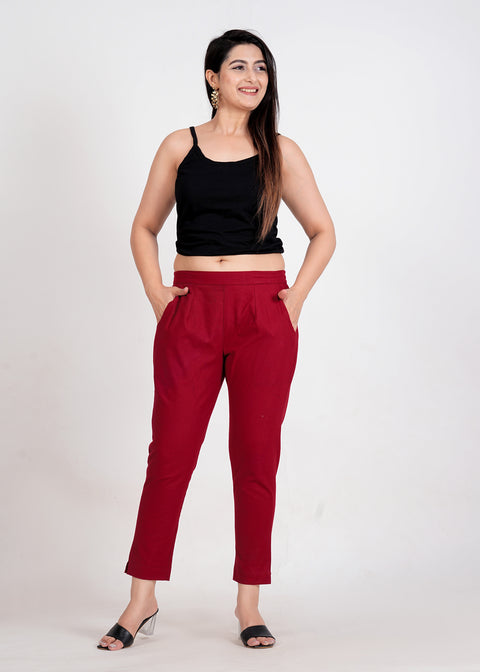 Women's Maroon Cotton Trouser Pant