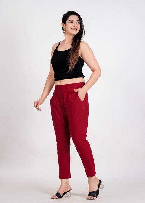 Women's Maroon Cotton Trouser Pant