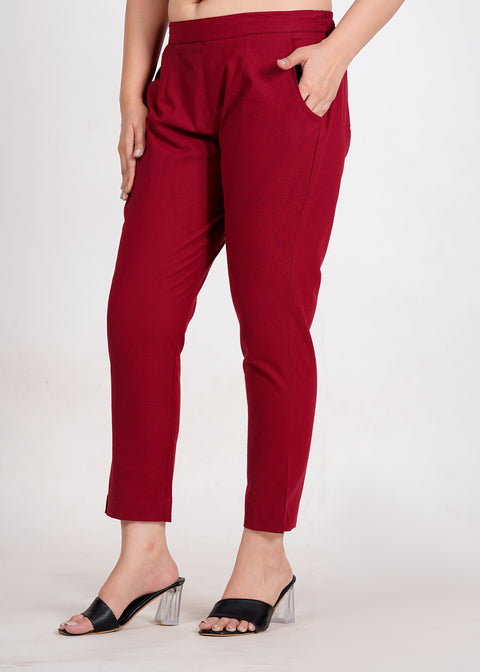 Women's Maroon Cotton Trouser Pant