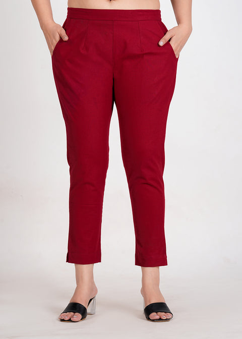 Women's Maroon Cotton Trouser Pant - Regular Fit for Office, School, and Casual Wear