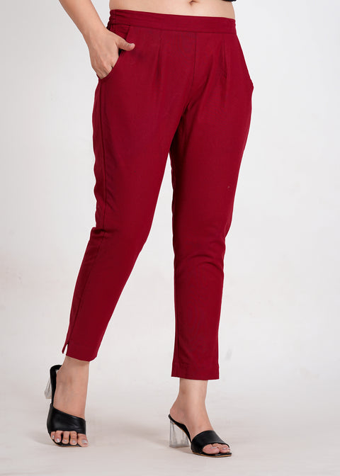 Women's Maroon Cotton Trouser Pant
