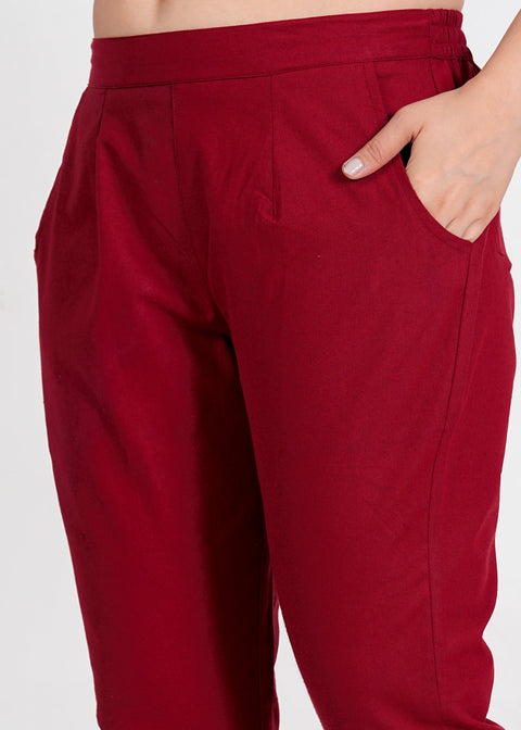 Women's Maroon Cotton Trouser Pant