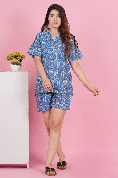 Exquisite Blue Floral Pattern Print Katha Thread Work Combo Night Wear