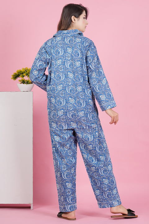 Exquisite Blue Floral Pattern Print Katha Thread Work Full Sleeve Pyjama Cotton Night Wear Set