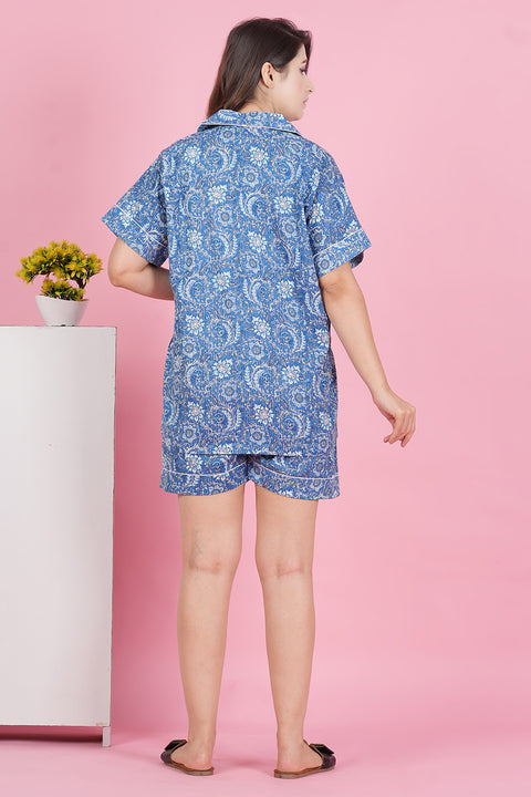 Exquisite Blue Floral Pattern Print Katha Thread Work Half Sleeve Shorts Cotton Night Wear Set