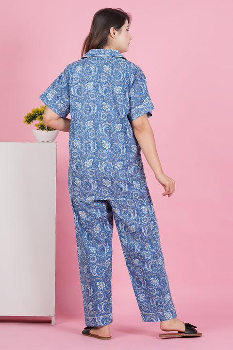 Exquisite Blue Floral Pattern Print Katha Thread Work Half Sleeve Pyjama Cotton Night Wear Set
