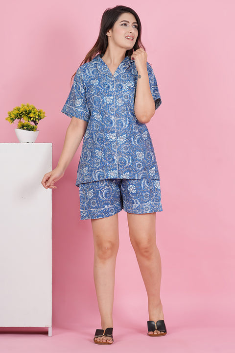 Exquisite Blue Floral Pattern Print Katha Thread Work Half Sleeve Shorts Cotton Night Wear Set