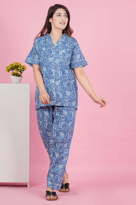 Exquisite Blue Floral Pattern Print Katha Thread Work Half Sleeve Pyjama Cotton Night Wear Set