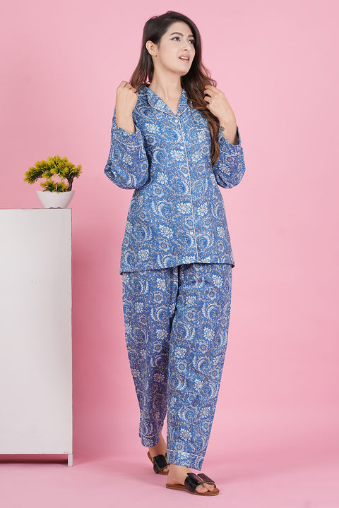 Exquisite Blue Floral Pattern Print Katha Thread Work Full Sleeve Pyjama Cotton Night Wear Set