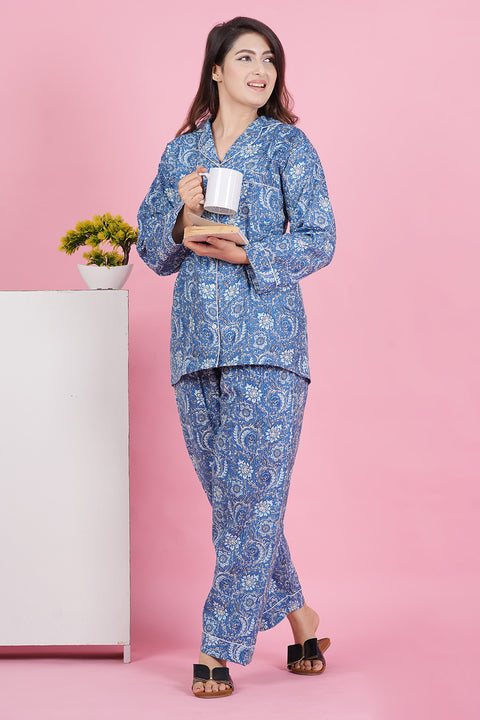 Exquisite Blue Floral Pattern Print Katha Thread Work Full Sleeve Pyjama Cotton Night Wear Set