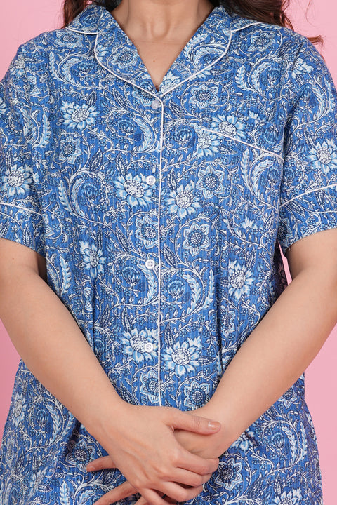 Exquisite Blue Floral Pattern Print Katha Thread Work Half Sleeve Shorts Cotton Night Wear Set