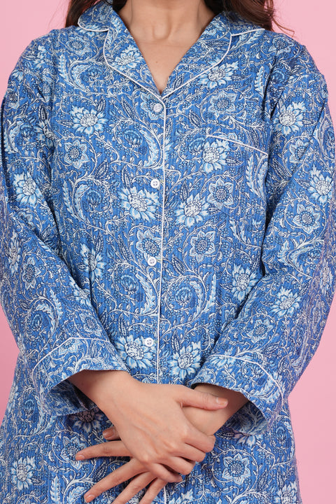 Exquisite Blue Floral Pattern Print Katha Thread Work Full Sleeve Pyjama Cotton Night Wear Set