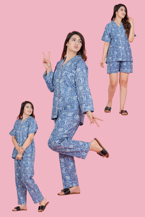 Exquisite Blue Floral Pattern Print Katha Thread Work Combo Night Wear