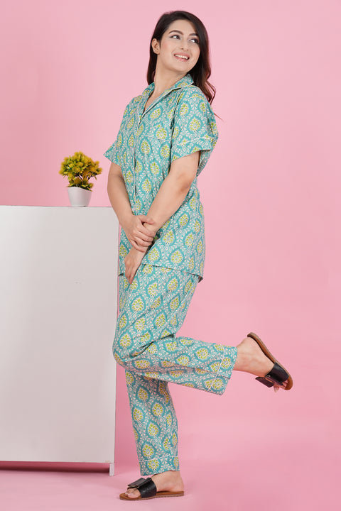 Aqua Green Floral Print Combo Night Wear