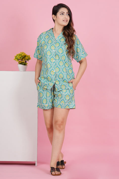 Aqua Green Floral Print Half Sleeve Shorts Cotton Night Wear Set