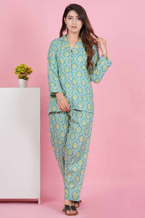 Aqua Green Floral Print Full Sleeve Pyjama Cotton Night Wear Set