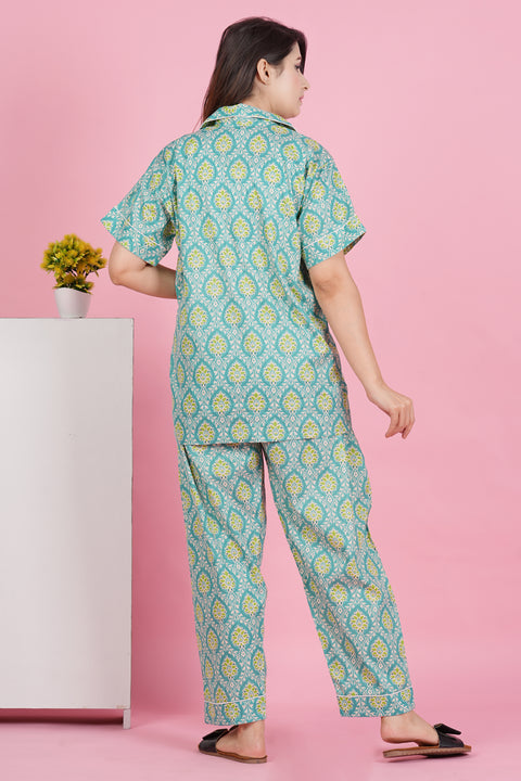 Aqua Green Floral Print Combo Night Wear