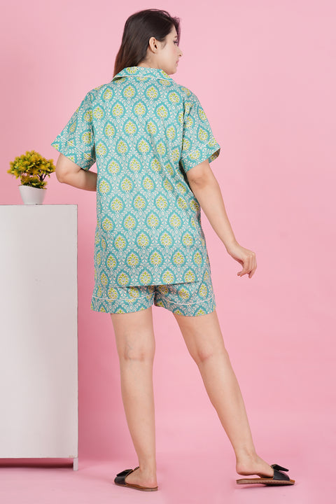 Aqua Green Floral Print Half Sleeve Shorts Cotton Night Wear Set