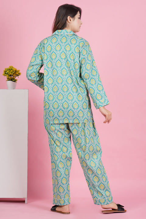 Aqua Green Floral Print Full Sleeve Pyjama Cotton Night Wear Set