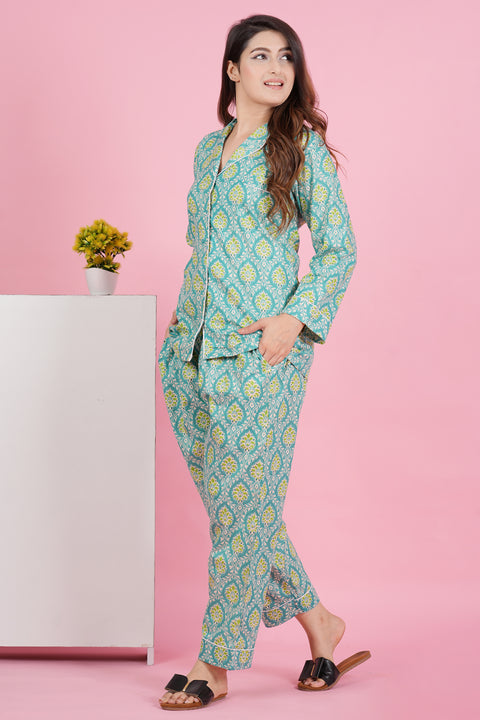 Aqua Green Floral Print Full Sleeve Pyjama Cotton Night Wear Set