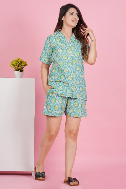 Aqua Green Floral Print Half Sleeve Shorts Cotton Night Wear Set