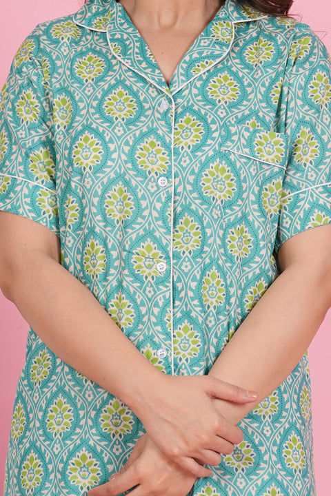 Aqua Green Floral Print Half Sleeve Pyjama Cotton Night Wear Set