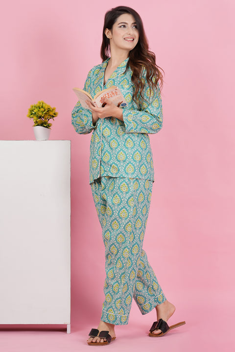 Aqua Green Floral Print Full Sleeve Pyjama Cotton Night Wear Set