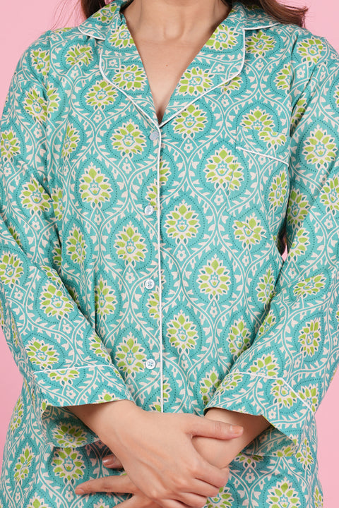 Aqua Green Floral Print Full Sleeve Pyjama Cotton Night Wear Set