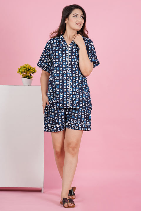 Stunning Geometric Print Blue Half Sleeve Shorts Cotton Night Wear Set