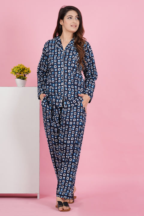 Stunning Geometric Print Blue Full Sleeve Pyjama Cotton Night Wear Set