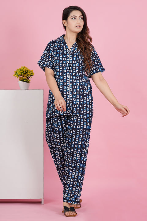 Stunning Geometric Print Blue Half Sleeve Pyjama Cotton Night Wear Set