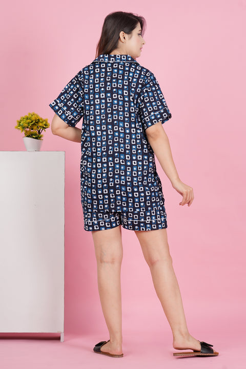Stunning Geometric Print Blue Half Sleeve Shorts Cotton Night Wear Set