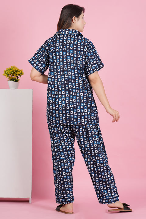 Stunning Geometric Print Blue Half Sleeve Pyjama Cotton Night Wear Set