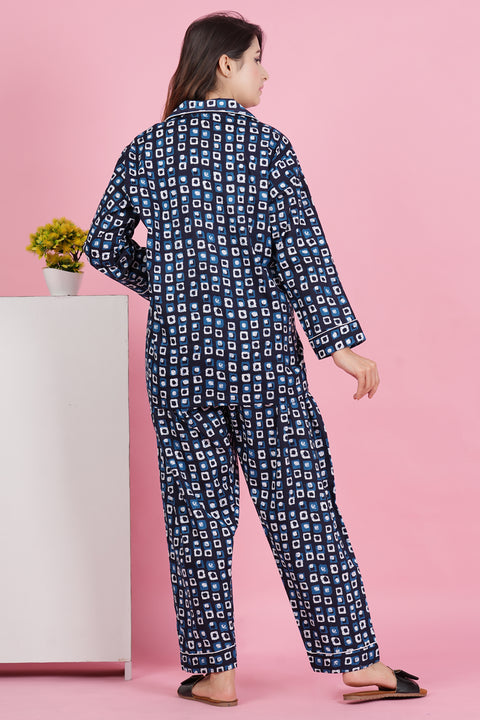 Stunning Geometric Print Blue Full Sleeve Pyjama Cotton Night Wear Set