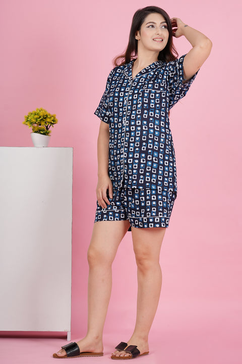 Stunning Geometric Print Blue Half Sleeve Shorts Cotton Night Wear Set