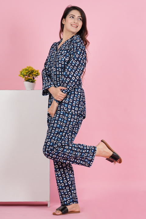 Stunning Geometric Print Blue Full Sleeve Pyjama Cotton Night Wear Set