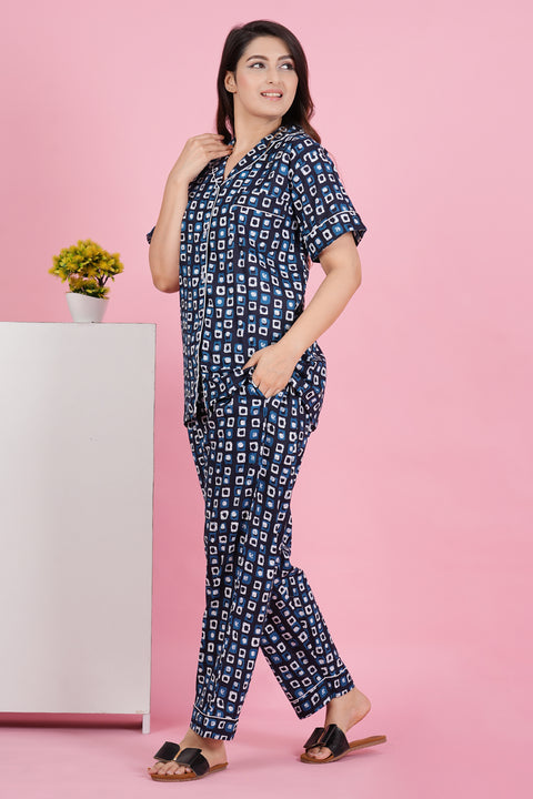 Stunning Geometric Print Blue Half Sleeve Pyjama Cotton Night Wear Set