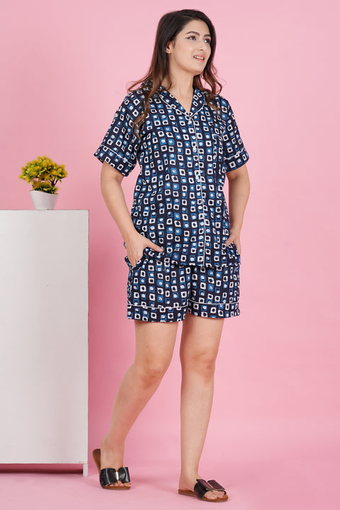 Stunning Geometric Print Blue Half Sleeve Shorts Cotton Night Wear Set