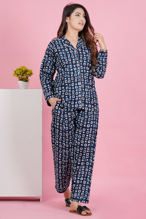 Stunning Geometric Print Blue Full Sleeve Pyjama Cotton Night Wear Set