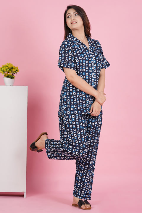 Stunning Geometric Print Blue Half Sleeve Pyjama Cotton Night Wear Set