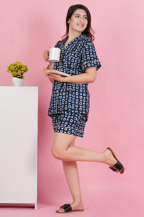 Stunning Geometric Print Blue Half Sleeve Shorts Cotton Night Wear Set