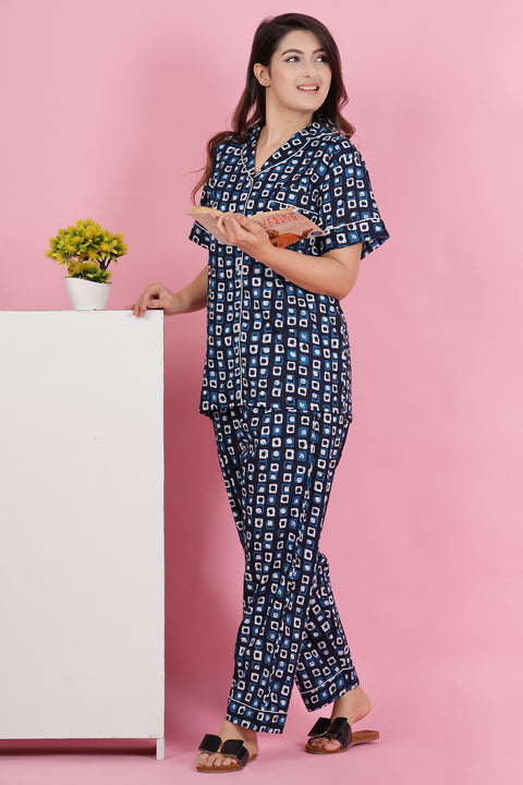 Stunning Geometric Print Blue Half Sleeve Pyjama Cotton Night Wear Set